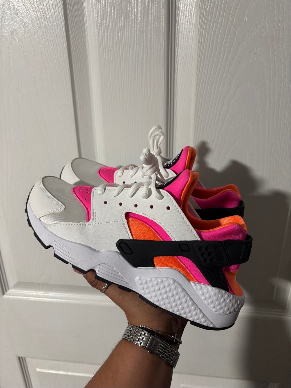 Women’s huaraches White Sneakers with Pink & Orange Accents